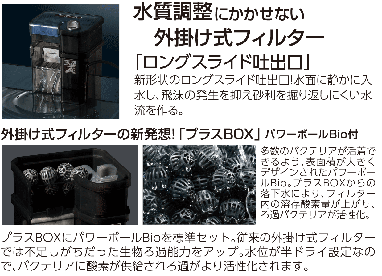 「ロングスライド吐出口」水質調整外掛け式フィルターにかかせない新形状のロングスライド吐出口!水面に静かに入水し、飛沫の発生を抑え砂利を掘り返しにくい水流を作る。